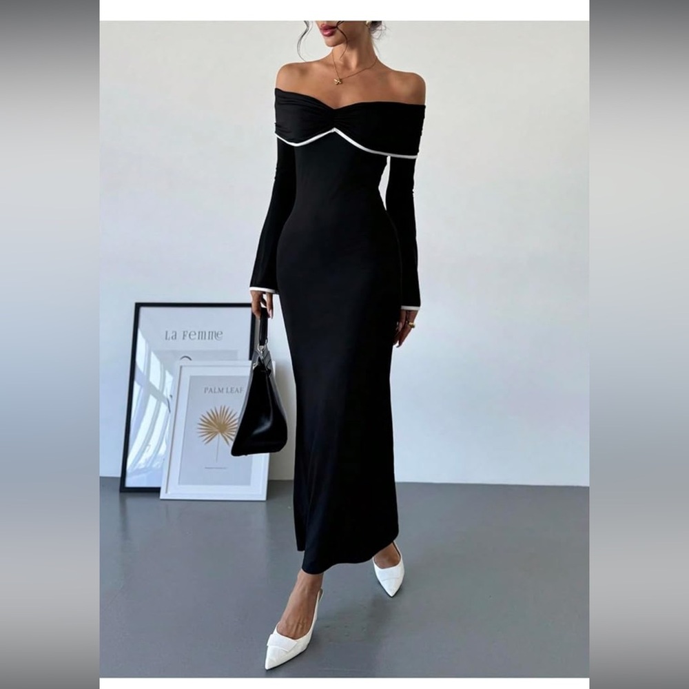 Boutique Style off shoulder black and white outline party bodycon fishtail hem